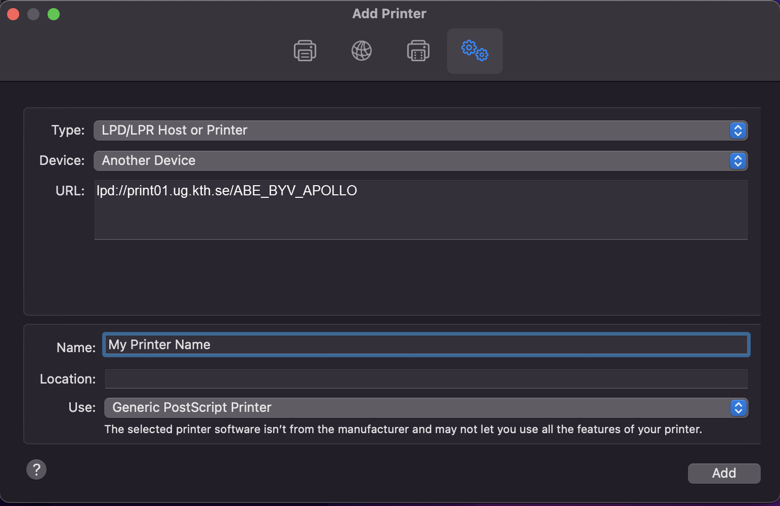 Add a Network Printer on a Mac computer KTH